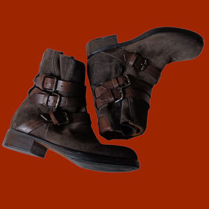 ALBERTO FERMANI Moto Biker Boots Suede Leather Size 36‎ Buckle Straps Brown